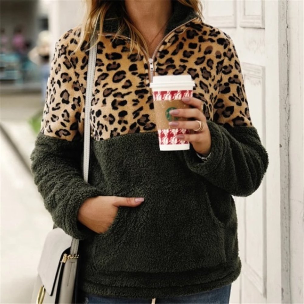sherpa teddy animal print pullover zip sweater